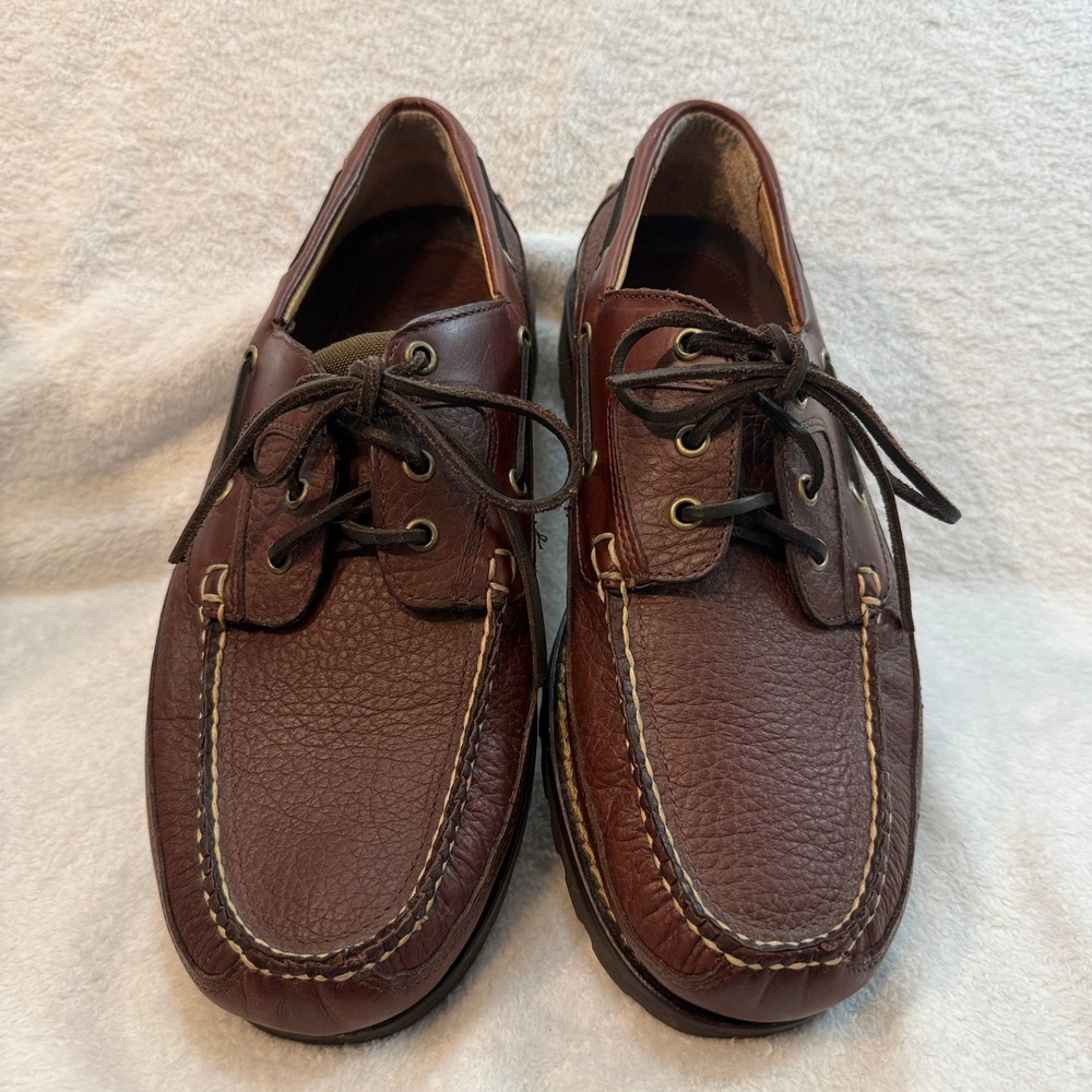 LL Bean Mens Brown Pebbled Leather Boat Shoes Lug Sole Moc Toe 12 EE 244472